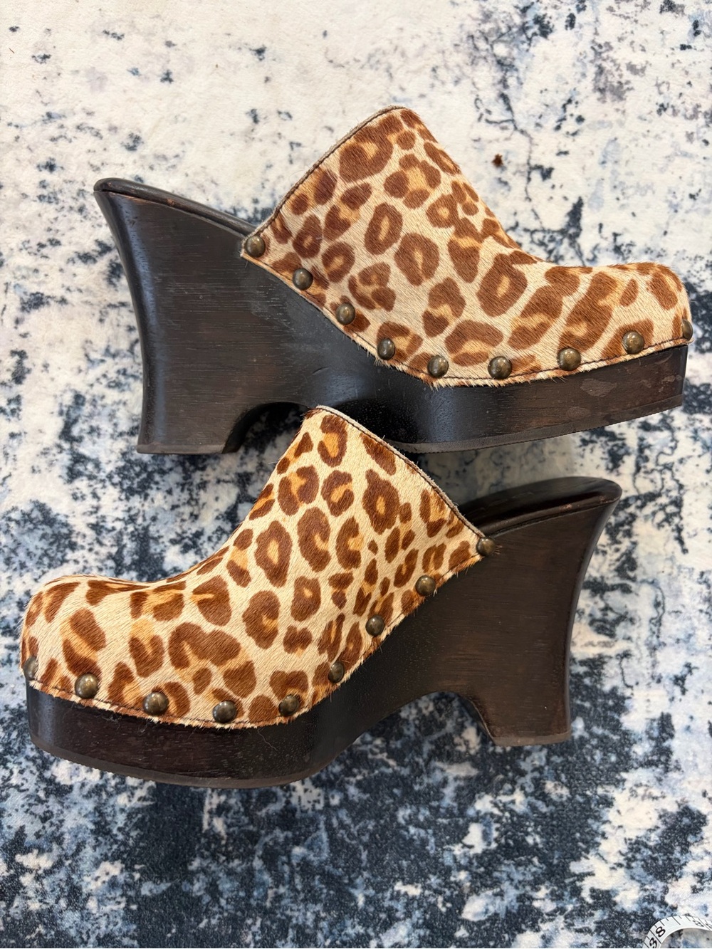 Vintage Y2K Bebe Leopard Hair Platform Wedge Mule Clogs Sz 7.5